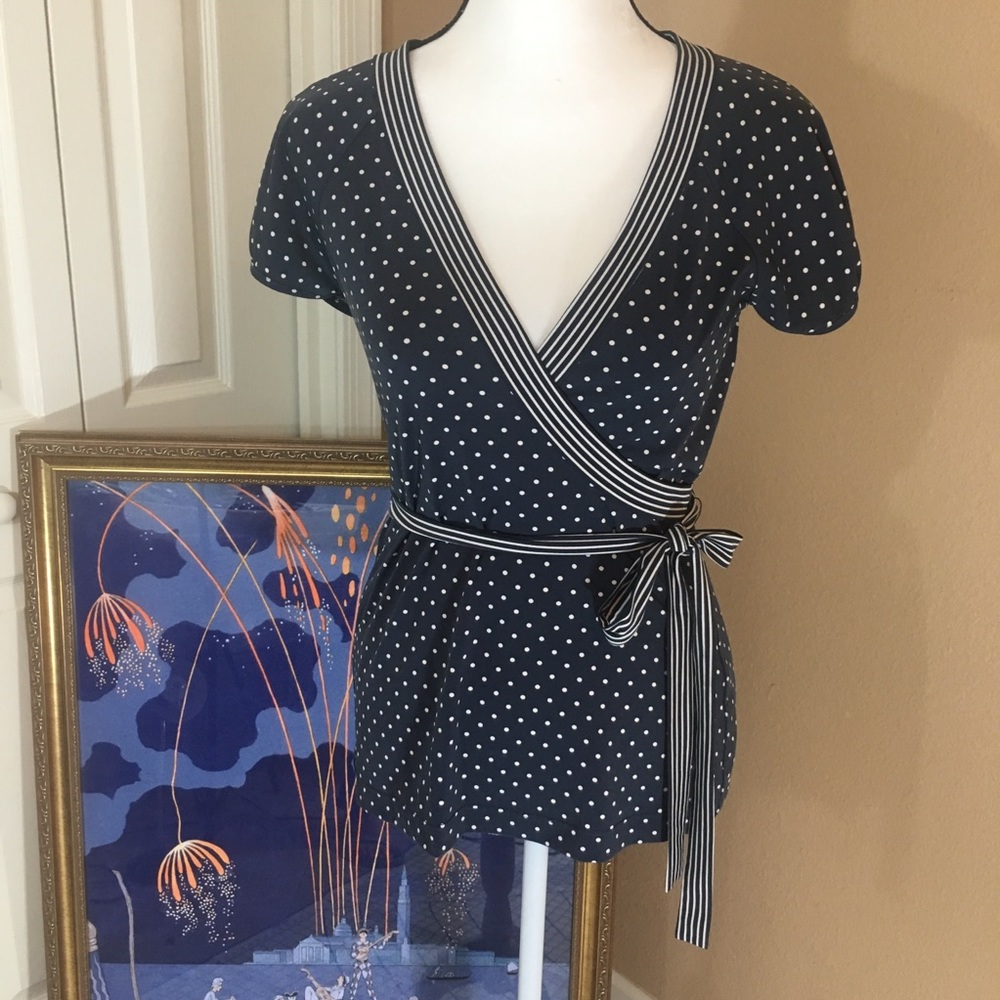BCBG Max Azria gray blue & white faux wrap blouse